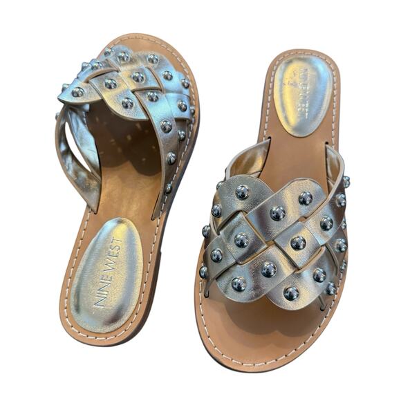 Nine West Shoes - Nine West Womens like-new gold faux leather studded woven slide, flat, Size 6M